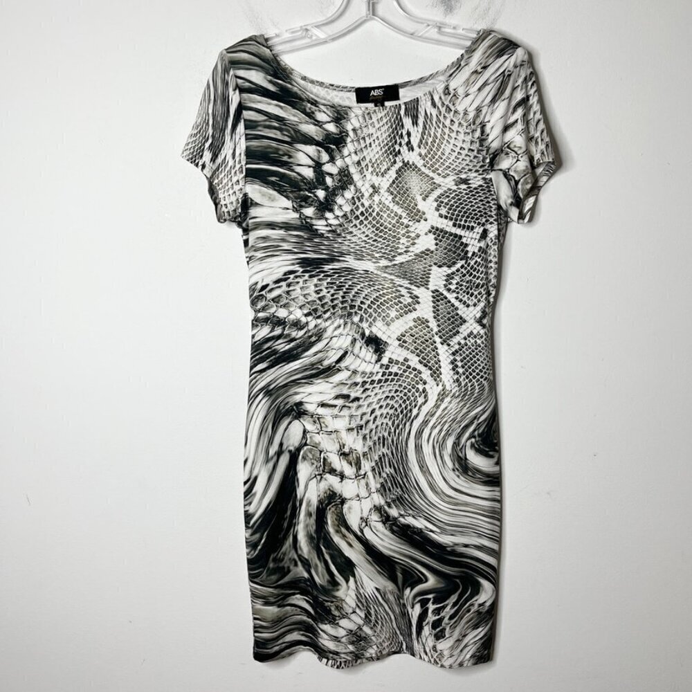 ABS by Allen Schwartz Women's Snake Skin Print Dress S Gray Sheath Short Sleeve - Picture 2 of 8
